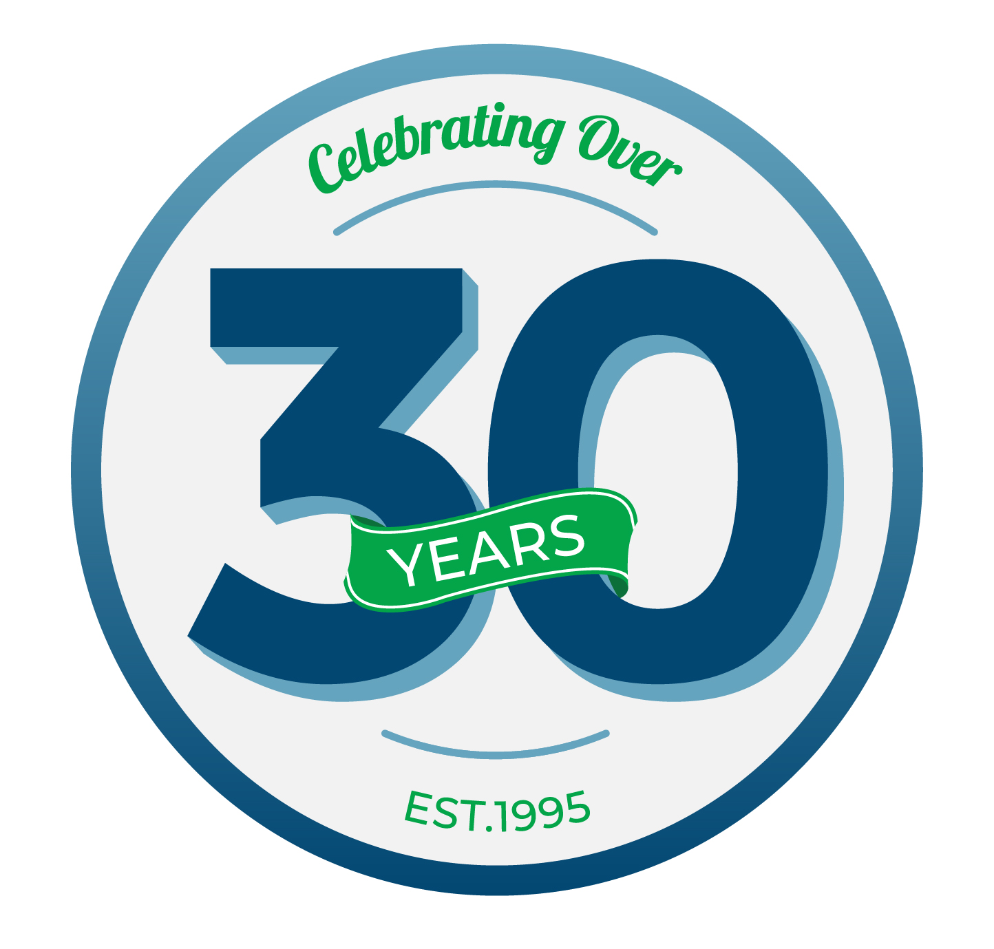 Circular badge with large text "30", a green banner reading "Years", "Celebrating Over" at the top, and "EST. 1995" at the bottom—perfect for Monument Business Alliance and Colorado Springs business networking events.
