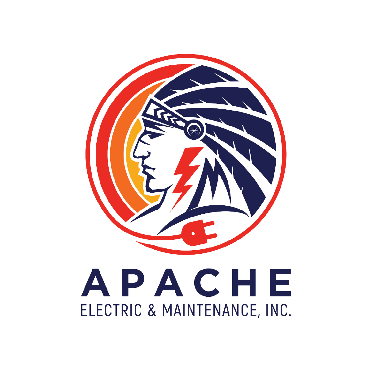 Logo featuring a stylized profile of a person in a feathered headdress, a red lightning bolt, and plug, with the text "APACHE ELECTRIC & MAINTENANCE, INC.