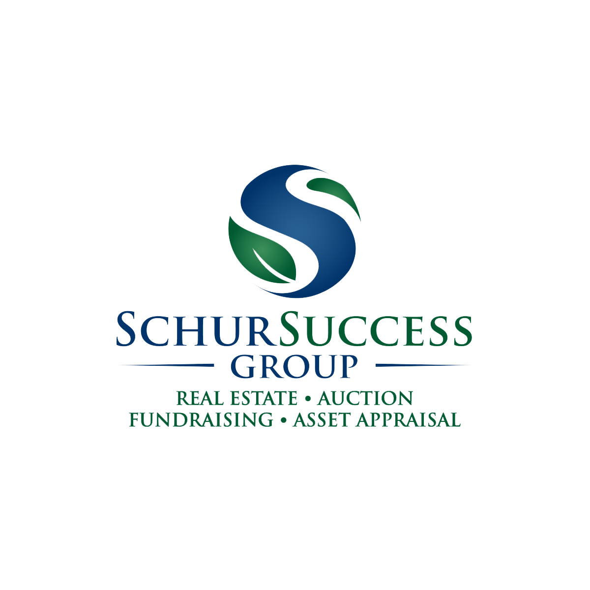 Logo for Schur Success Group featuring a stylized "S" with green leaf elements, plus text listing services: real estate, auction, fundraising, and asset appraisal—serving Colorado Springs and active in the Monument Business Alliance.