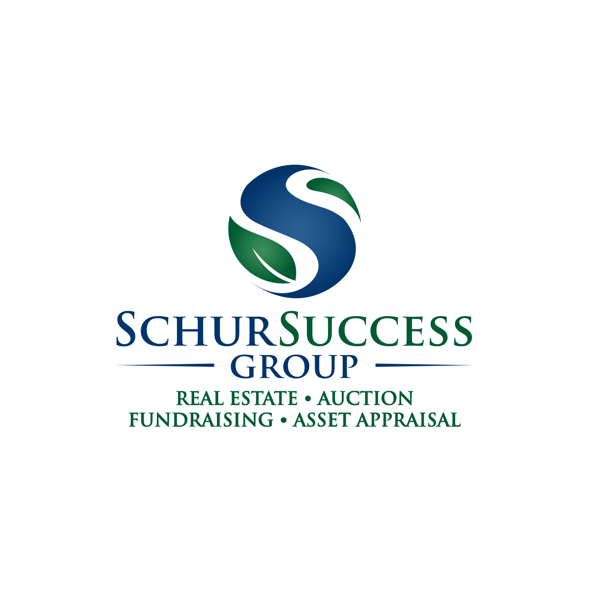 Logo for Schur Success Group with a stylized "S" and green leaves above the company name, reflecting its Colorado Springs roots. Text below lists real estate, auction, fundraising, and asset appraisal services.