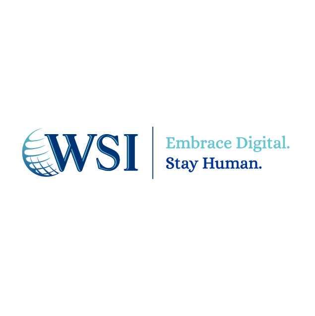 WSI logo with a globe icon. Text reads: "Embrace Digital. Stay Human." in blue and light blue font, highlighting a commitment to Business Networking in Colorado Springs.