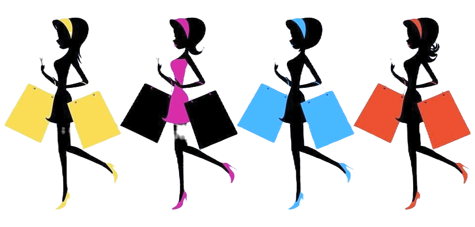 Silhouettes of four women in dresses and high heels holding shopping bags in different colors: yellow, black, blue, and orange.