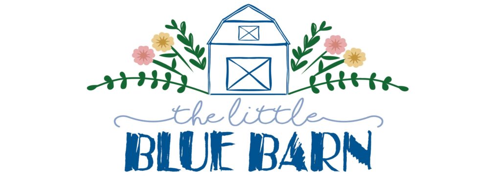 Hand-drawn blue barn with flowers and green leaves, above the text “the little BLUE BARN” logo in a playful font.