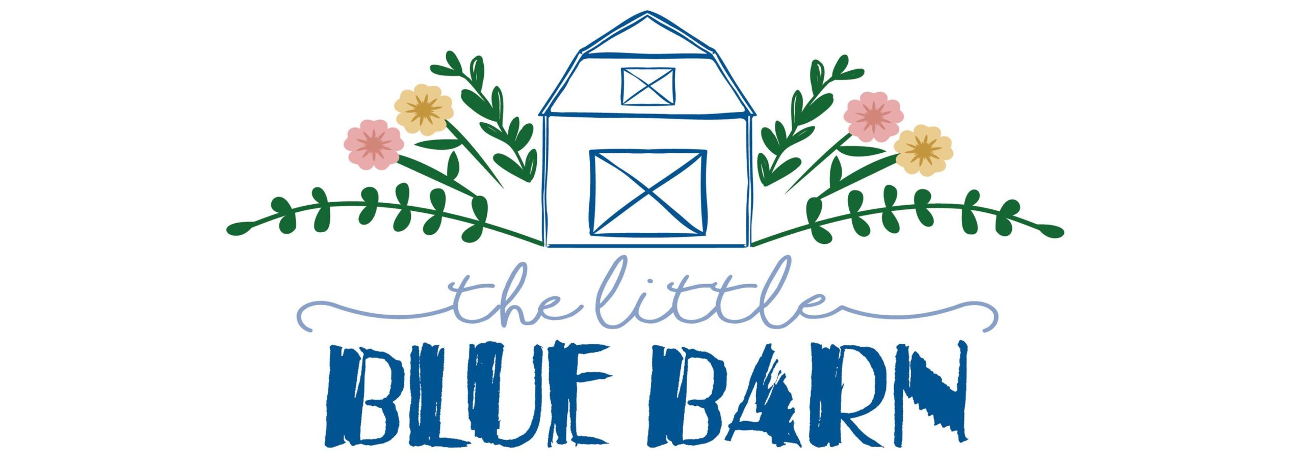 Hand-drawn blue barn with flowers and green leaves, above the text “the little BLUE BARN” logo in a playful font.