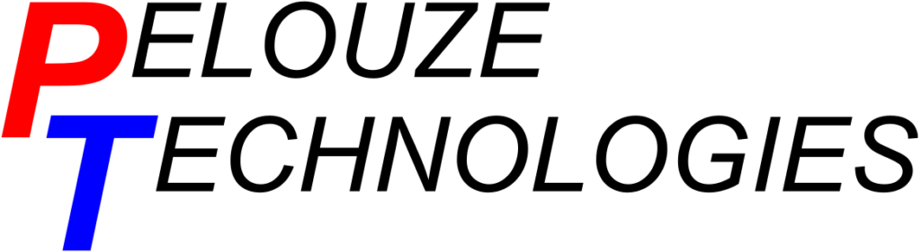 Logo with the words 'Pelouze Technologies'; 'P' is red, 'T' is blue, and the rest of the letters are black on a light background.