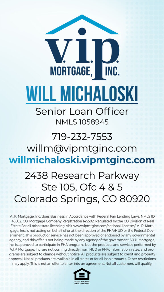 A business card for Will Michaloski, Senior Loan Officer at VIP Mortgage, Inc., with contact info, office address, NMLS numbers, and licensing disclosure text.