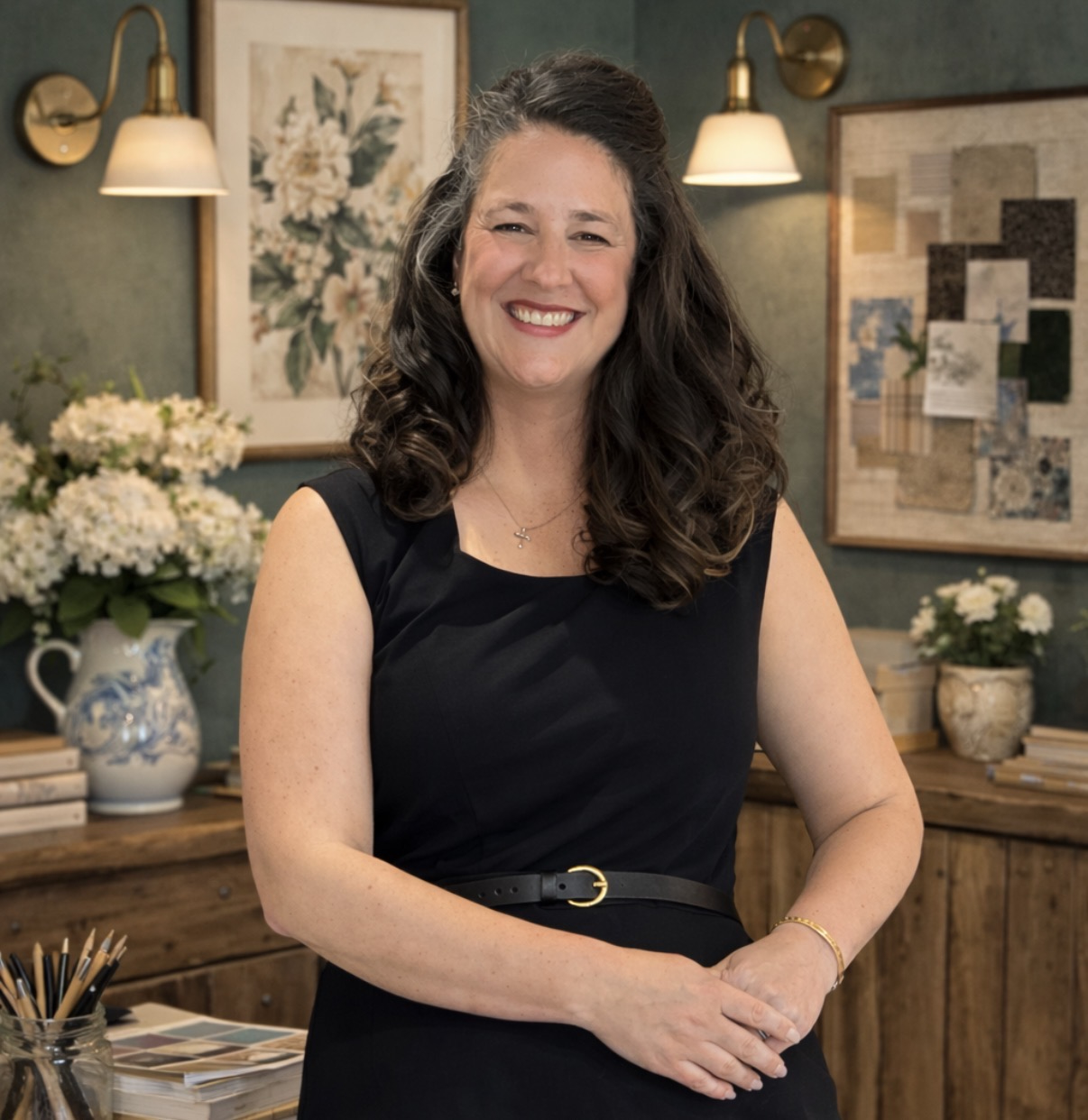 A woman with long, dark curly hair, wearing a black dress, stands smiling in a warmly lit room decorated with flowers, art, and books.