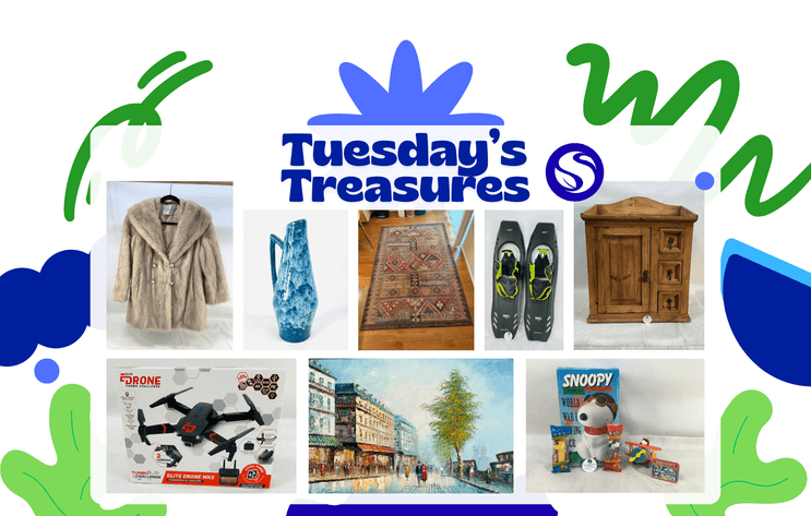 Collage of assorted items including a fur coat, blue vase, patterned rug, skis, wooden cabinet, drone, painting, and Snoopy toy, with "Tuesday's Treasures" text at the top.