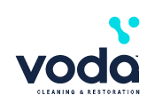 Voda Cleaning & Restoration logo with bold navy text, light blue water droplet shapes, and a tagline below the company name.